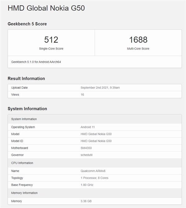 诺基亚入门5G手机G50现身GeekBench：确认骁龙480