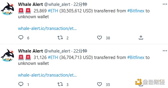 数据：56995枚ETH从Bitfinex转移到未知钱包1