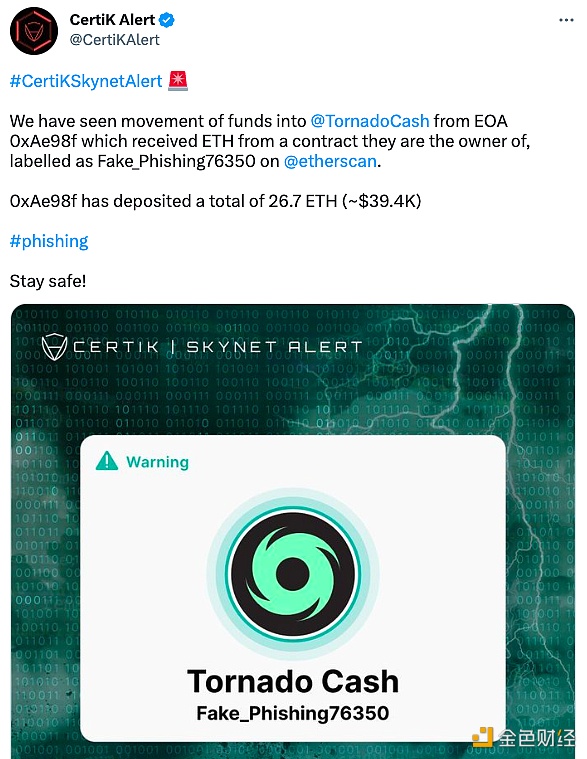 被Etherscan标记为“Fake_Phishing76350”的EOA账户地址已将资金转至Tornado Cash-第1张图片-binance下载