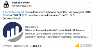 Cream Finance闪电贷攻击者已将50万枚DAI换成ETH并转移到0xdeCE开头的地址