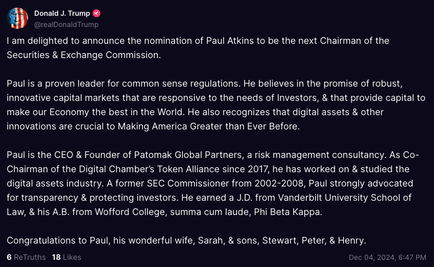 川普提名Paul Atkins任SEC主席，比特币突破10万美元，加密货币监管即将开启新的一页-第2张图片-欧意易易下载