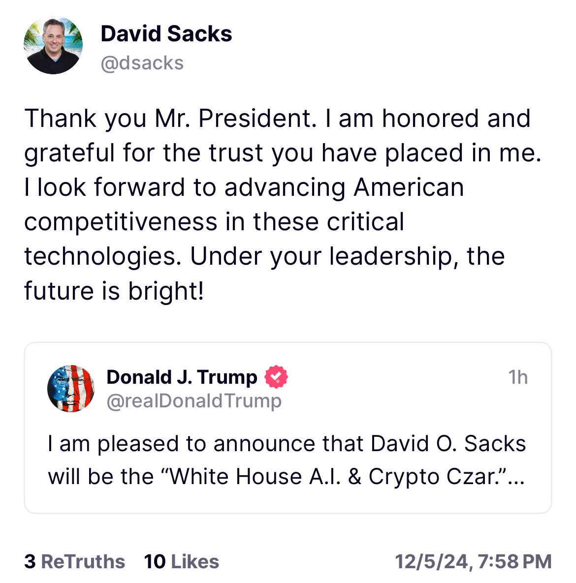 David Sacks：很荣幸并期待推动美国在关键技术领域的竞争力-第1张图片-欧意易易下载